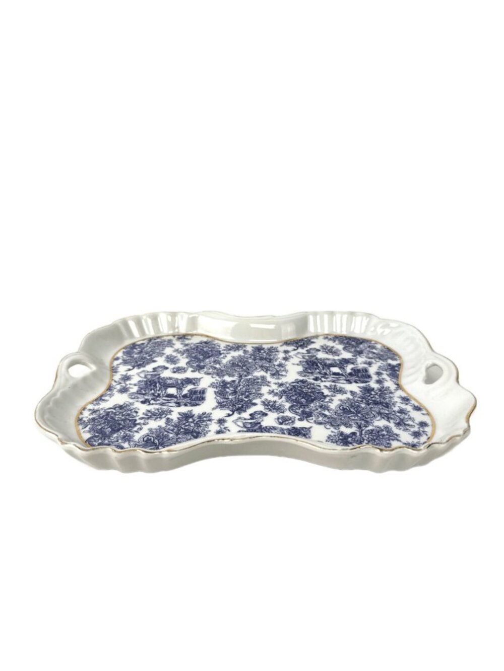 ADLINE Toile Jouy Print Scalloped Gold-Rim White Blue Serving Tray Triket Dish